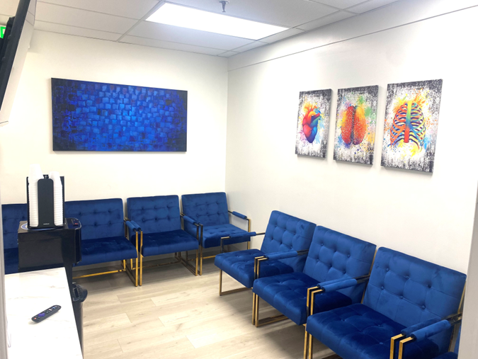 MediPlus Clinic waiting room with blue velvet chairs and medical artwork